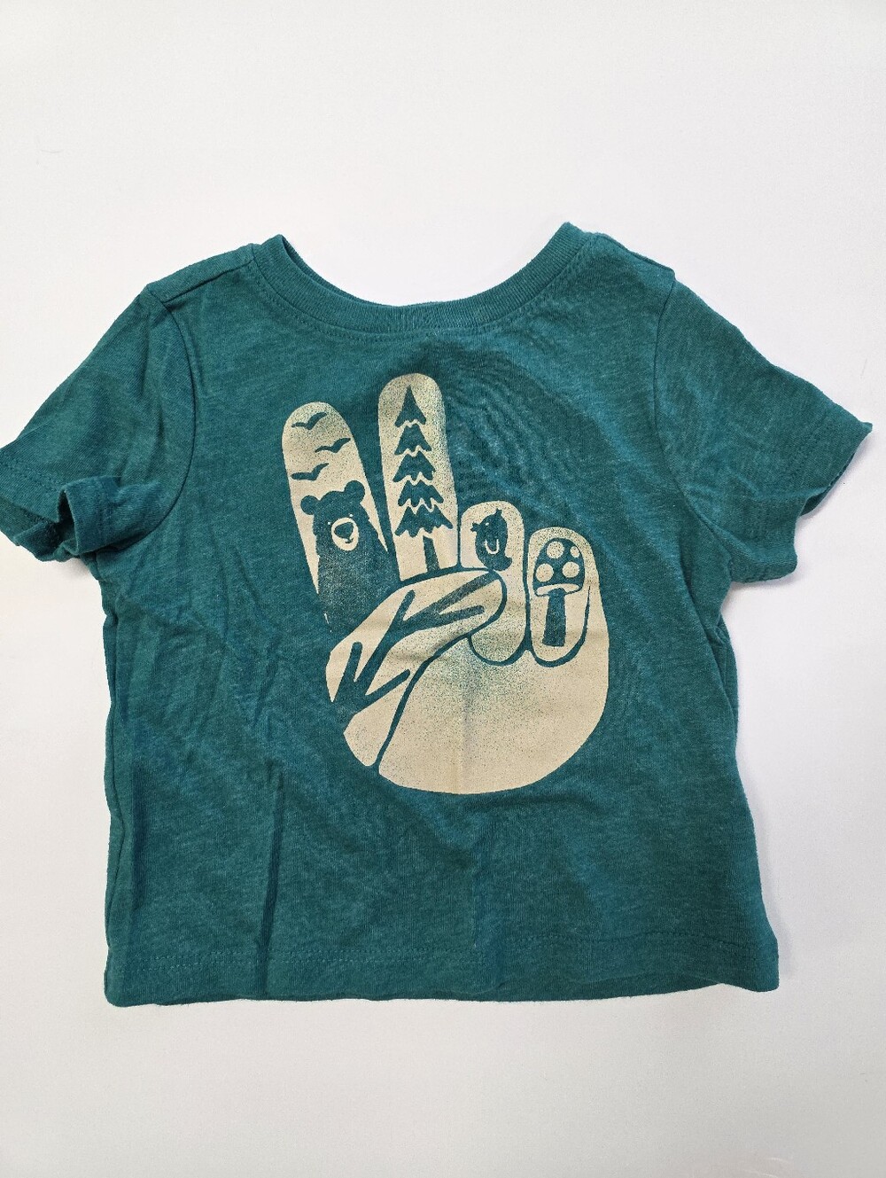Old Navy Teal Short Sleeve Tee with Cream Nature Hand Graphic